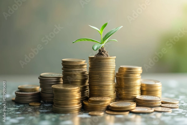 Fototapeta small green plant sprouts on a tall stack of golden coins representing financial growth