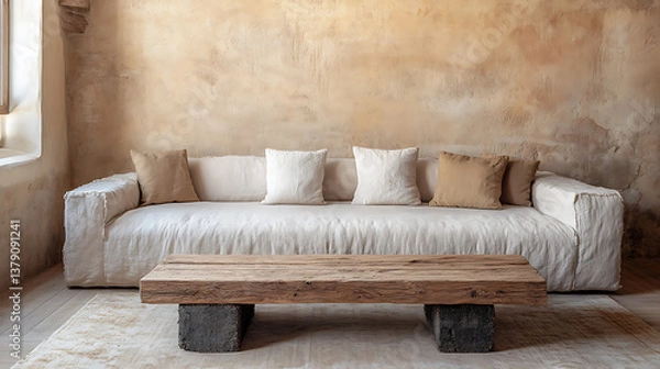 Fototapeta Rustic barn wood coffee table against beige sofa and stucco wall with copy space, wabi-sabi home interior design of modern living room