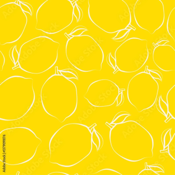 Fototapeta The image features a vibrant yellow background with a repeating pattern of white outline lemons. The lemons are depicted in a simple, minimalist style.