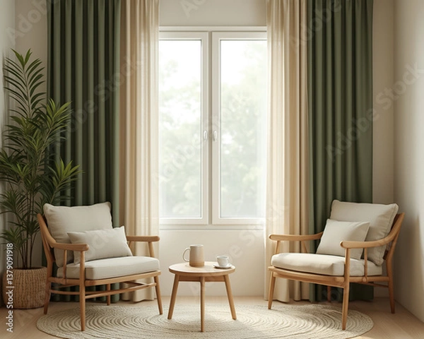 Fototapeta two beige armchairs with wooden frames around a coffee table in a sunlit room