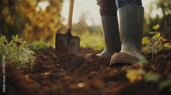 Fototapeta Gardener digging soil in rubber boots during spring preparation