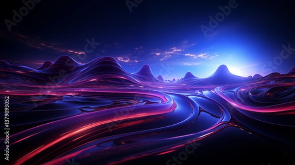 Fototapeta Dark blue alien fantasy morning landscape, on a dark background, color space, without people, wavy mountains, game design, clouds
