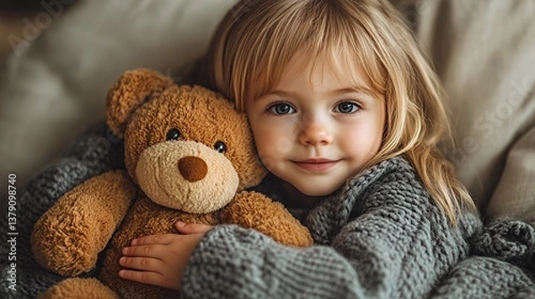 Fototapeta Child Expresses Love by Hugging Soft Teddy Bear While Relaxing Indoors