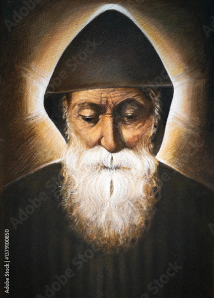 Obraz PRATO, WŁOCHY - 21 MARCA 2025: Obraz św. Charbela Makhloufa w kościele Chiesa di San Domenico autorstwa Giuseppe Afrune (2018).