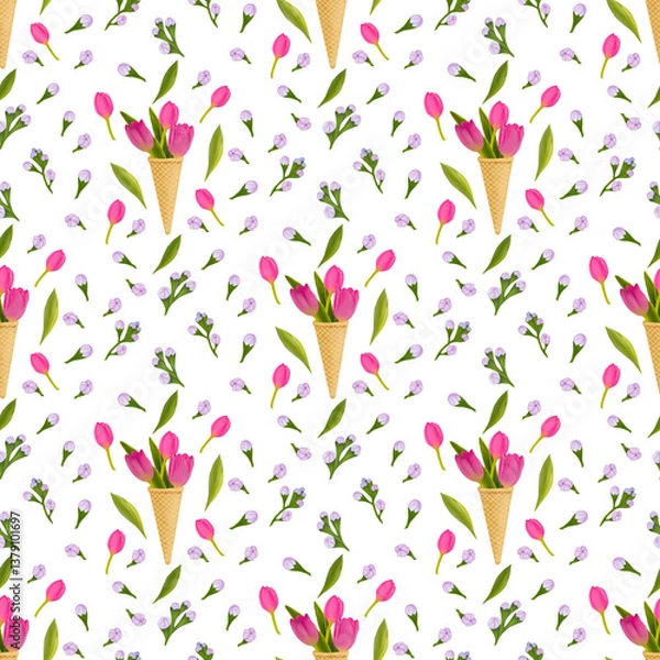 Fototapeta Seamless pattern, spring summer flowers hand drawn, fabric pattern.