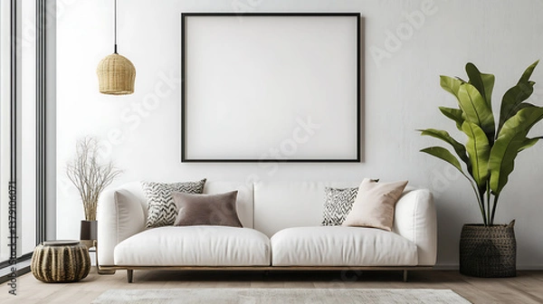 Fototapeta Front view on bright living room interior with empty poster