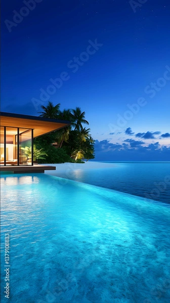 Fototapeta Ultra minimal a beautiful villa with all glass veranda on a secluded beach The shape are soft Waves gently lap the shore just a few meters away glowing under t