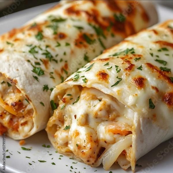 Obraz Image of two cheesy garlic chicken wraps on a white plate The wraps are goldenbrown and crispy filled with chunks of cooked chicken topped with melted mozzarel