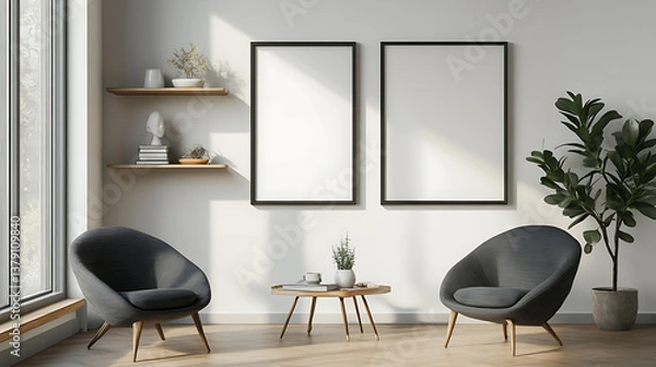 Fototapeta Light chill interior with chairs and shelf with decoration, mockup frame