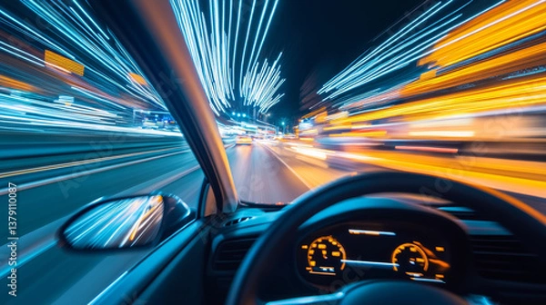 Fototapeta Following Aerial Top Down Drone View: Autonomous Self Driving Car Moving Through City Highway. AI Visualization Concept: High Tech Sensor Scanning Road Ahead for Vehicles and Speed Limits.
