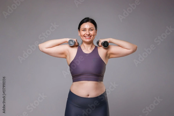 Fototapeta Plus size woman in gym clothes doing exercise with dumbbells on grey background