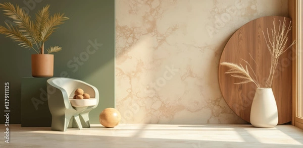 Obraz minimalist interior featuring a green chair potted plant and wooden accents