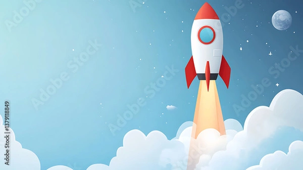 Fototapeta Minimalist banner with rocket ship taking off, illustration