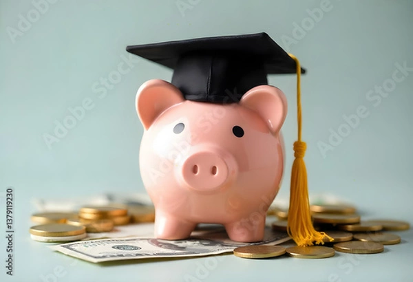 Obraz piggy bank and coins with graduate hat