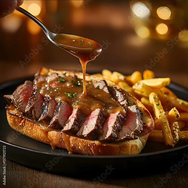 Fototapeta studio shot of a spoon pouring au jus sauce on an open sandwich with sliced prime rib fries on the side on a black plate warm lighting in the background low an