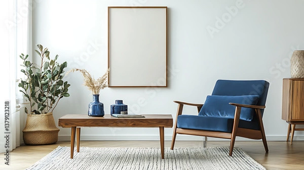 Fototapeta Blue armchair near wooden long coffee table against of white wall with big art canvas poster frame, mid-century interior design of modern living room