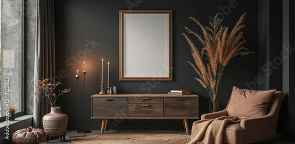 Fototapeta cozy living room interior with wooden sideboard armchair and candles