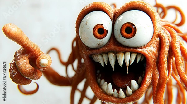 Obraz Cartoon Monster Character with Orange Tentacles and Googly Eyes and Large Pointing Hand on Plain Background