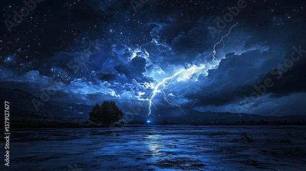 Fototapeta Monsoon inverted in to space, photograph, cinematic lighting, lightning in the night