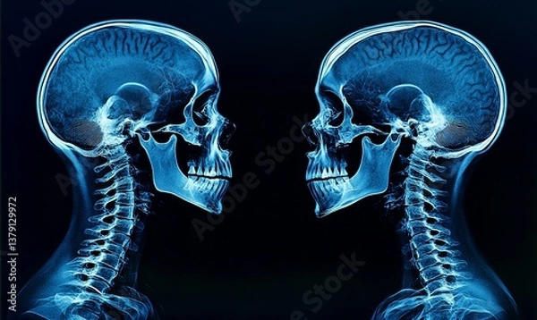 Obraz High-quality X-ray image of a normal human skull in both front and side views, displayed in blue tone on a black background