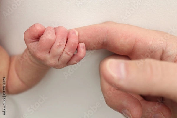 Fototapeta Close-up little hand of child and palm of mother and father. The newborn baby has a firm grip on the parent's finger after birth. A newborn holds on to mom's, dad's finger. 