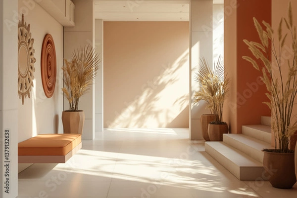 Fototapeta sunlit hallway with and beige accents and pampas grass