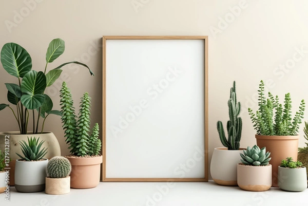 Fototapeta various potted succulents and cacti arranged symmetrically around a blank in a wooden frame against a beige wall