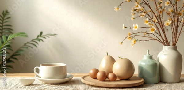 Fototapeta wooden tray with eggs pears and a cup of tea adorned with white flowers in a vase