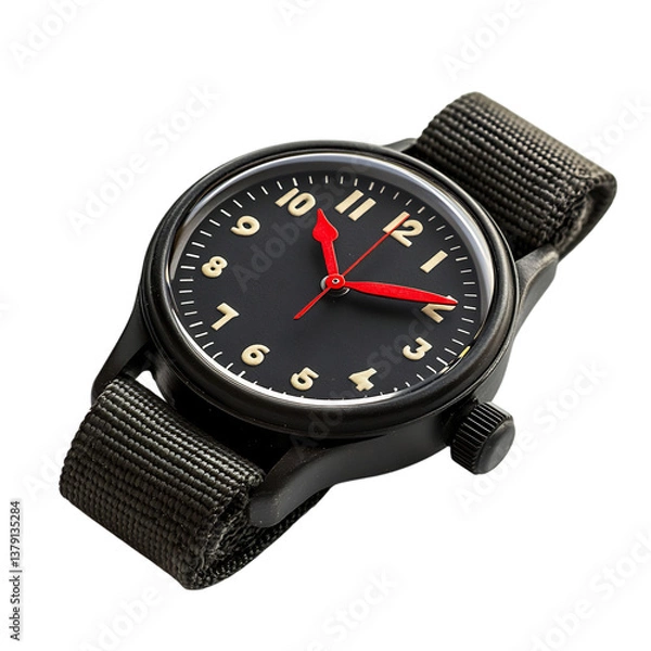 Fototapeta Durable Black Field Watch with Red Second Hand Isolated on Transparent Background