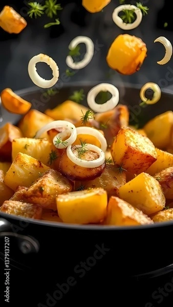 Obraz Fried potatoes, delicious meal, cooking process, with garnishing elements