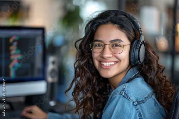 Obraz Portrait of a smiling young Hispanic female IT support worker in startup company office