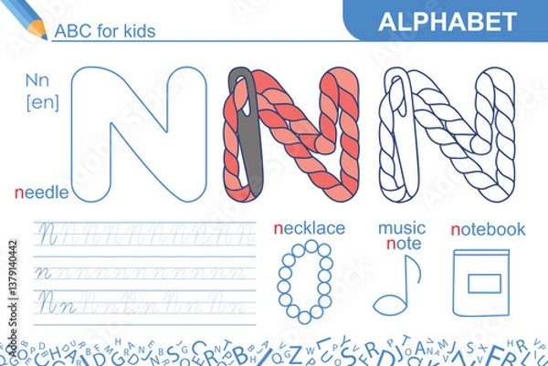 Obraz Letter N. Alphabet. Fun ABC for kids. Learning English. Needle with thread. Writing practice and coloring task page. Worksheet for school or home. Sketch vector illustration