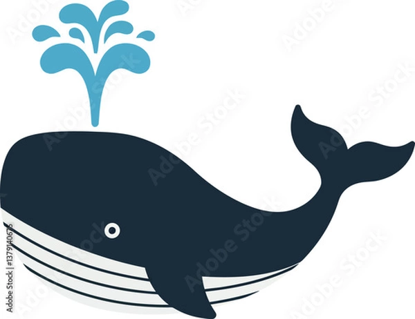 Fototapeta A playful whale breaching the surface with water splashes in minimal vector art