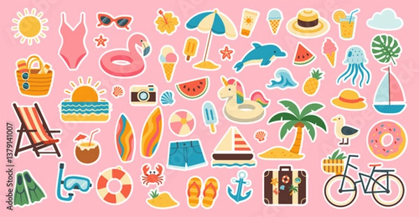 Obraz A collection of stickers featuring various beach and summer-related items such as umbrellas, boats, and sunglasses