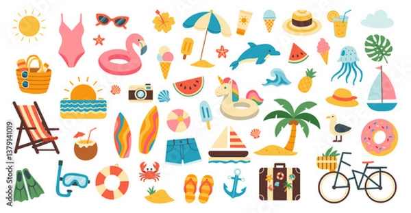 Obraz A collection of beach and pool items including a chair, a surfboard, a bicycle, a boat, a suitcase, a hat, a camera, a bottle, a cup, a bowl, a donut, a watermelon, a pineapple,