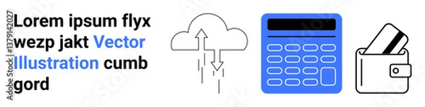 Fototapeta Cloud with data arrows, calculator, wallet with cards. Ideal for technology, finance, data storage, online transactions, digital finance cloud computing fintech. Landing page