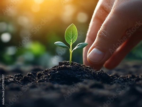 Obraz Close-up of a person's hand nurturing a young green plant emerging from the soil in sunlight