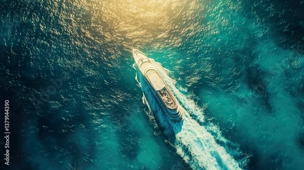 Fototapeta Experience the Majestic Beauty of Luxury Sea Travel: Aerial View of a Magnificent Cruise Ship Navigating Serene Waters with Breathtaking Ocean Vistas