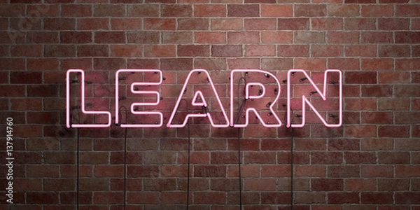 Fototapeta LEARN - fluorescent Neon tube Sign on brickwork - Front view - 3D rendered royalty free stock picture. Can be used for online banner ads and direct mailers..
