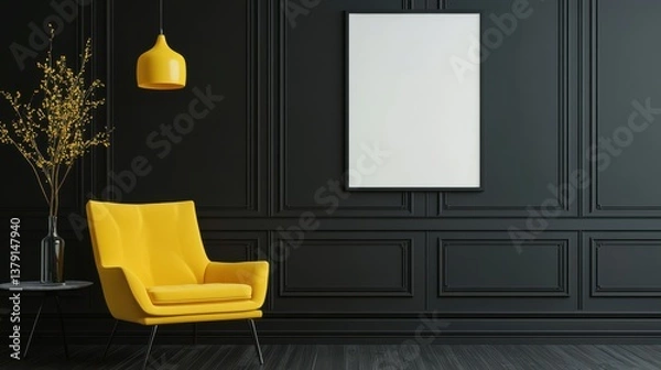 Fototapeta Blank frame mockup in dark interior room with bright yellow furniture.