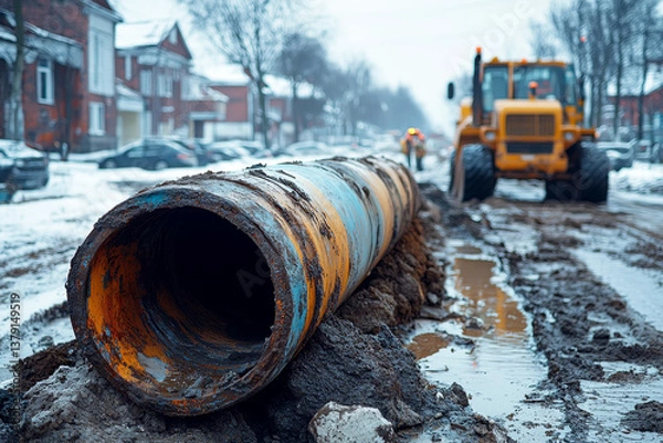 Fototapeta Large rusty pipeline on snowy street during roadworks with heavy machinery and muddy ground in cold urban environment