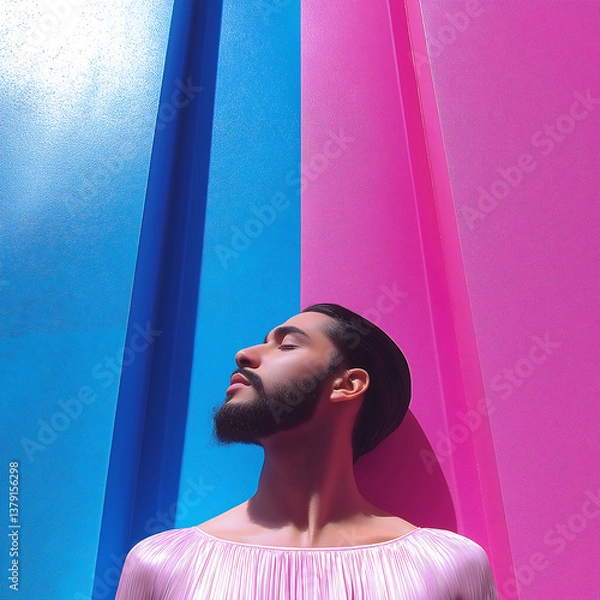 Obraz Stylish young man with a beard posing against vibrant pink and blue geometric background