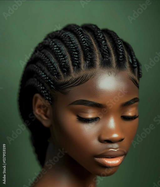 Fototapeta close up shot of an african american ladys scalp with braids front view on a green background