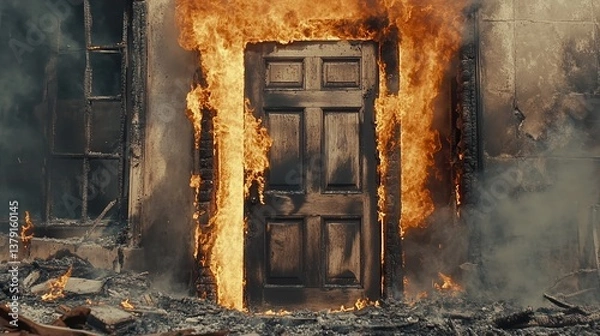 Fototapeta Witness the Dramatic Scene of a Wooden Door Engulfed in Flames Capturing the Intense Power of Fire and Its Impact on Everyday Objects