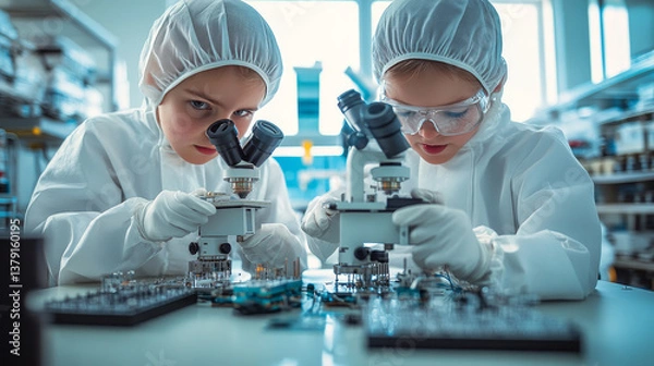 Fototapeta Two Engineers in Sterile Cleanroom Suits  Control Manufacturing Machinery Work and Use Microscopes for Component Adjustment and Research. They Work in an Electronic Components Manufacturing Factory.
