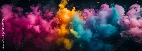 Fototapeta Abstract image of bright colorful smoke symbolizing gulal against black background rich shades of pink yellow purple green blue