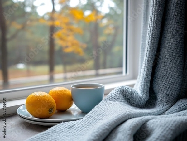 Obraz Cozy indoor scene with yellow oranges and a cup of tea on a plate near a window with autumn view