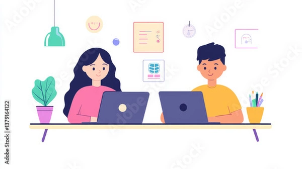 Fototapeta Portrait of Two Creative Young Female and Male Engineers Using Laptop Computer to Analyze and Discuss How to Proceed with the Artificial Intelligence Software. Standing in High Tech Research Office