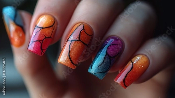 Obraz Colorful nail art featuring vibrant orange, pink, and blue designs with black outlines