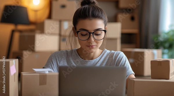 Fototapeta A woman wearing glasses works on her laptop at an office desk, packing slim brown boxes for online orders. In a modern fashion store, fabrics, shirts,and dresses lie on a table,bathed in natural light